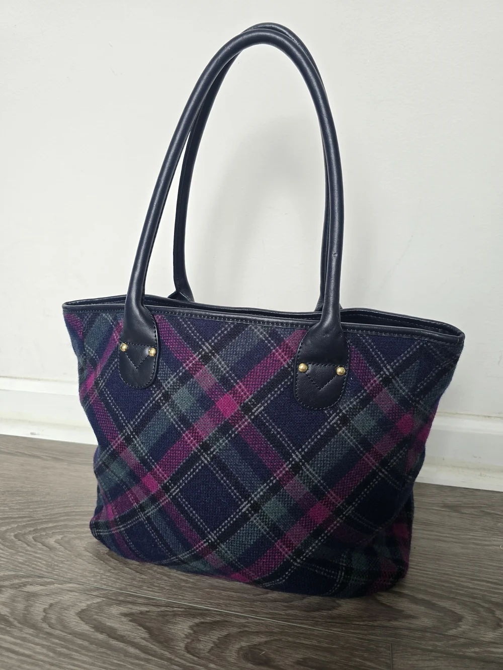 Talbots Wool Plaid Tote Navy Pink Purple Leather Trim Shoulder Bag Fall Purse